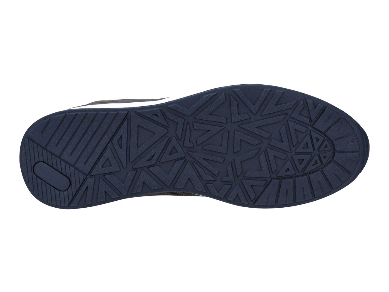 Bottom view of a dark blue athletic shoe sole with a geometric pattern.