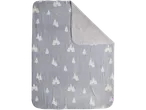 LIVARNO home blanket with white pine tree pattern on light blue and sherpa lining.
