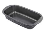 Dark grey loaf pan with a speckled exterior, viewed from an angle.
