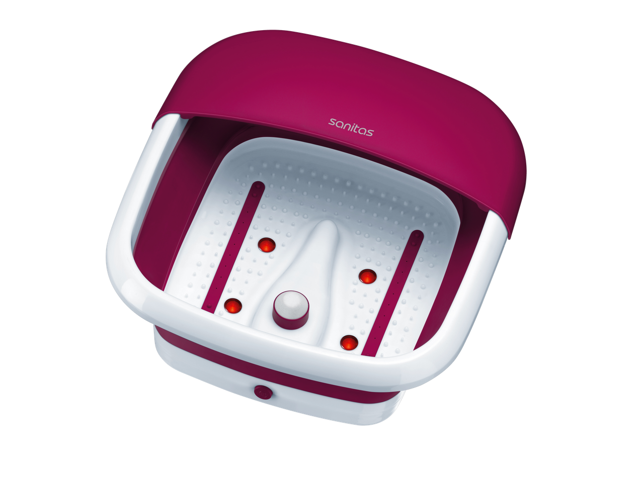 Sanitas fuksijos ir baltos spalvos sūkurinė vonia pėdoms su burbuliukais ir masažu.