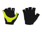 Pair of black and neon yellow fingerless cycling gloves, front and back view.