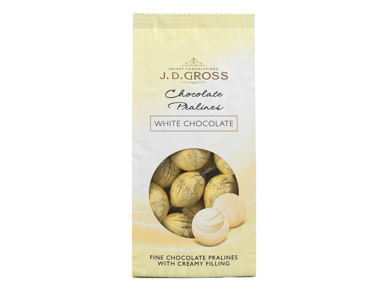 Bela čokolada J.D. Gross pralineji s kremnim polnilom.
