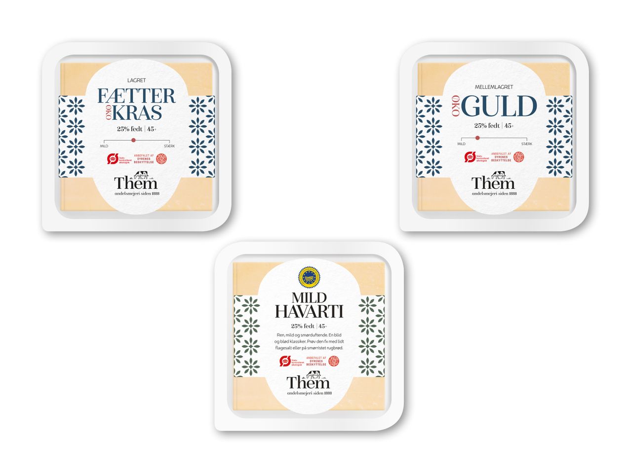 Tre pakker ost: to med økologisk Fætter Kras og Guld, en med Mild Havarti.