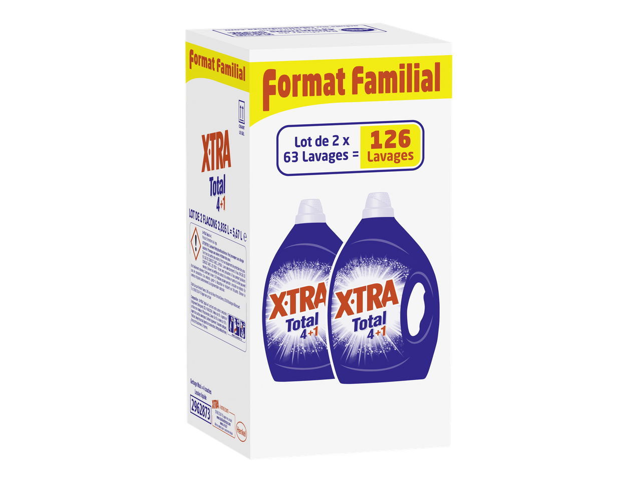 Lessive liquide en format familial, 2 bouteilles de 2,835 L pour 126 lavages.