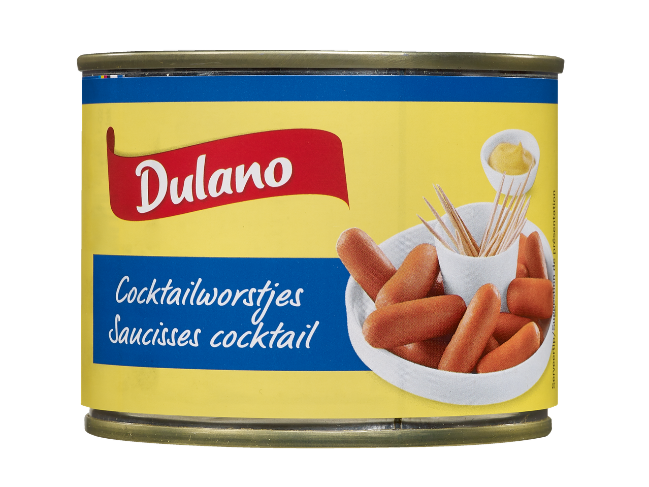 Une boîte Dulano de saucisses cocktail avec de la moutarde et des cure-dents.