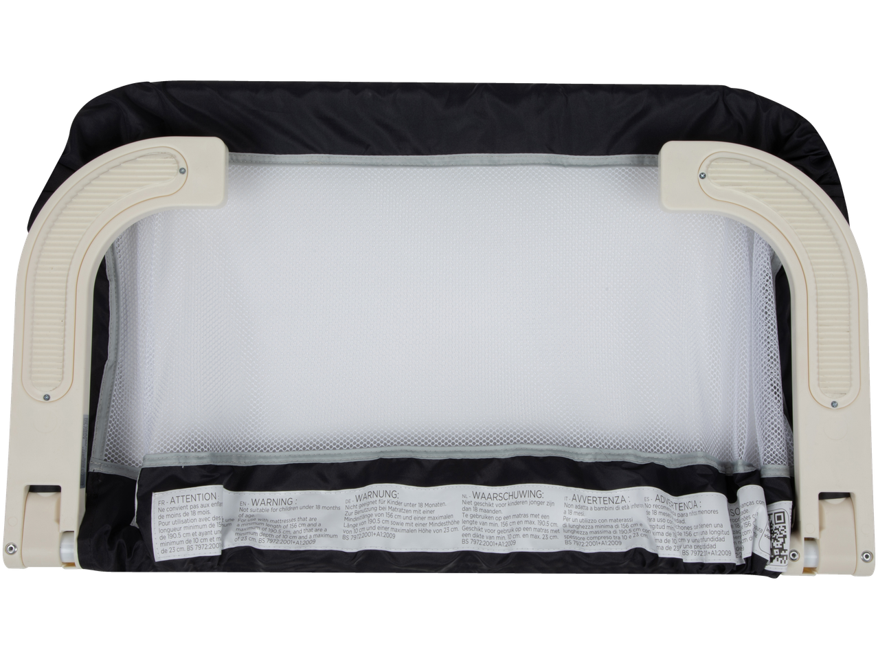 A white and black baby bed rail with safety warnings in multiple languages.