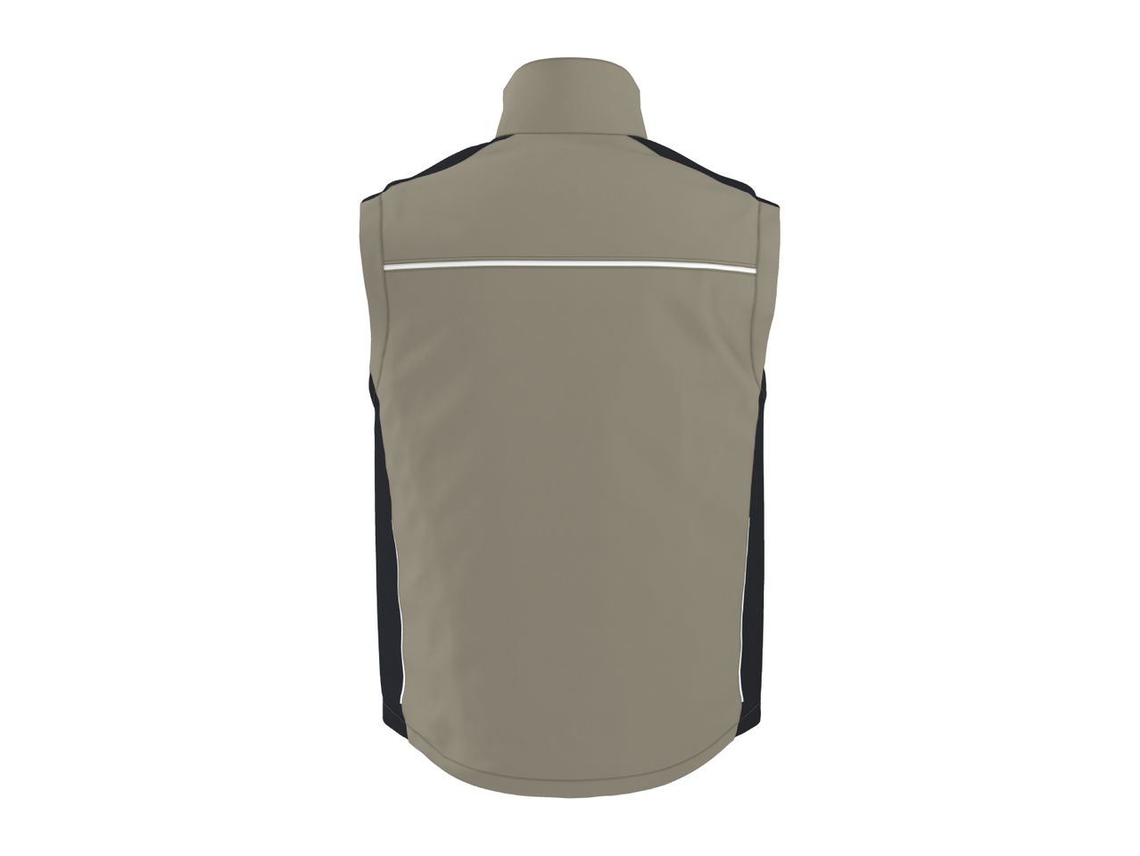 Men's sleeveless jacket in beige with black side panels and a reflective stripe on the back.