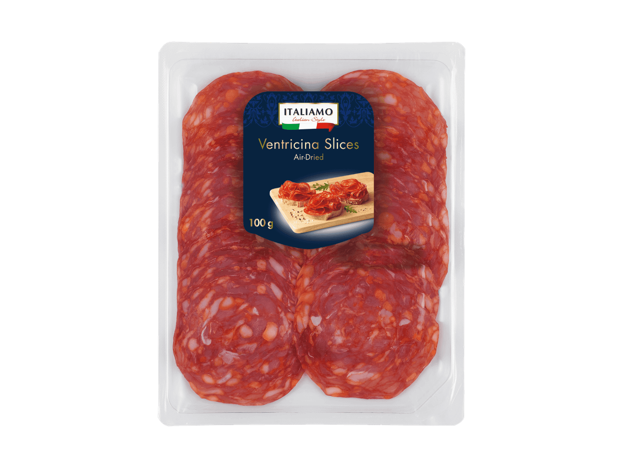 Packung luftgetrocknete Ventricina-Scheiben, 100g, mit dunkelblauem Etikett