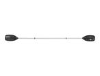 Double-bladed kayak paddle with black blades and a silver shaft