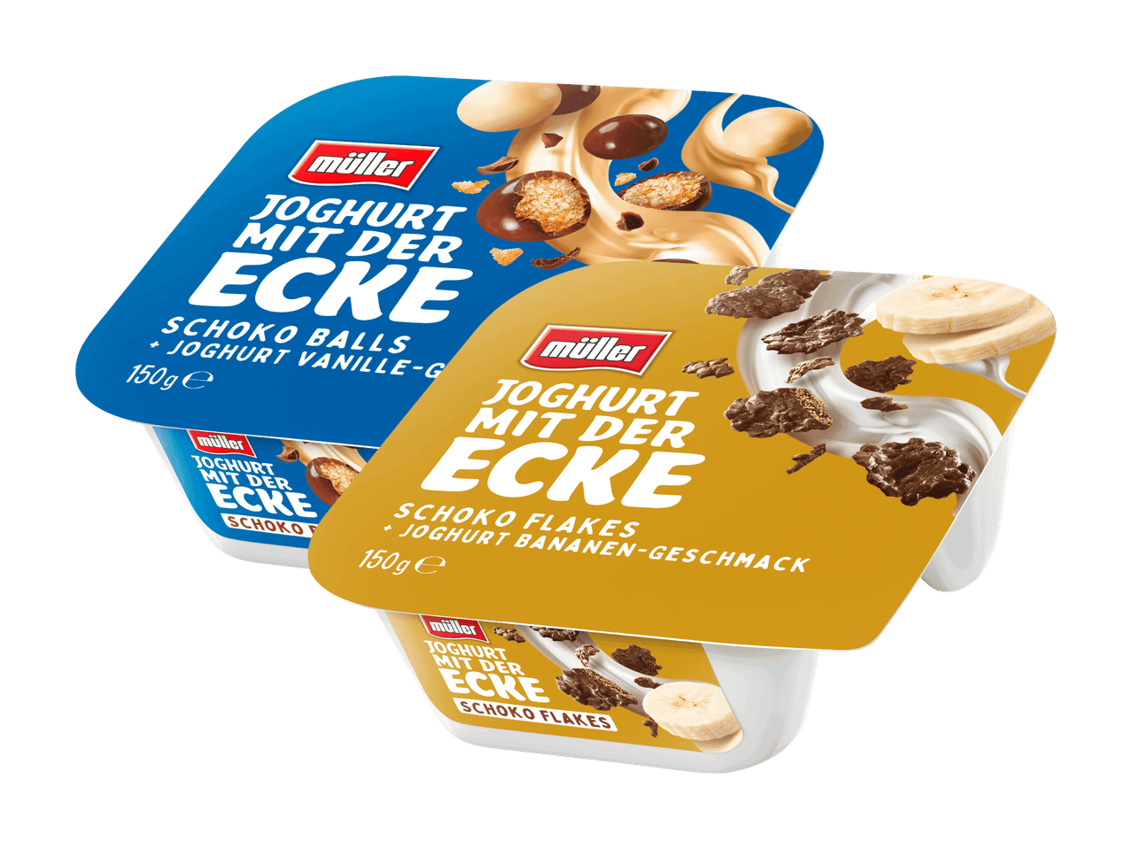 Müller Joghurt mit der Ecke: Zwei Joghurtbecher mit Schokoballs und Schokoflocken.