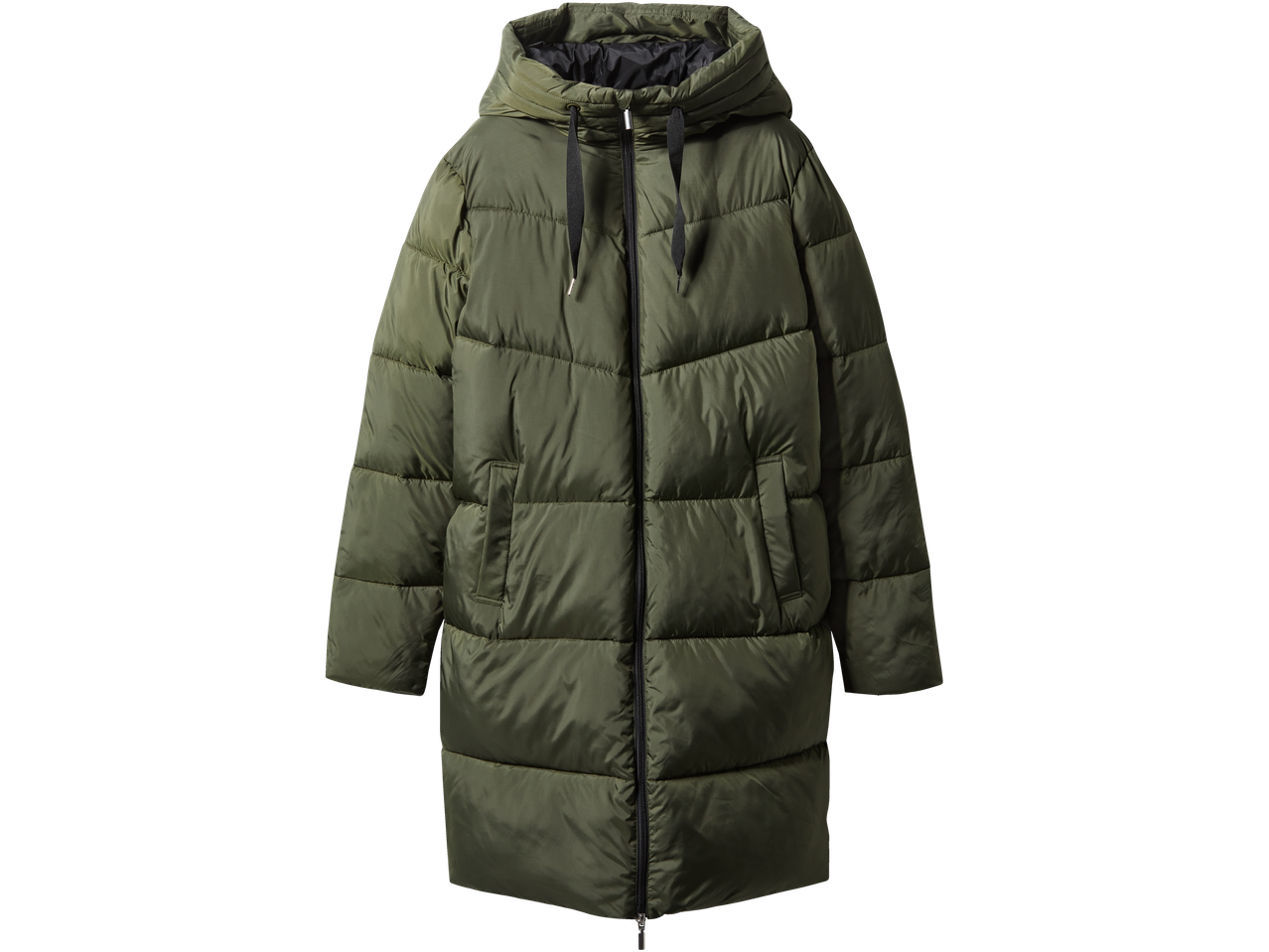 Ilga, dygsniuota chaki spalvos pūkinė striukė su gobtuvu