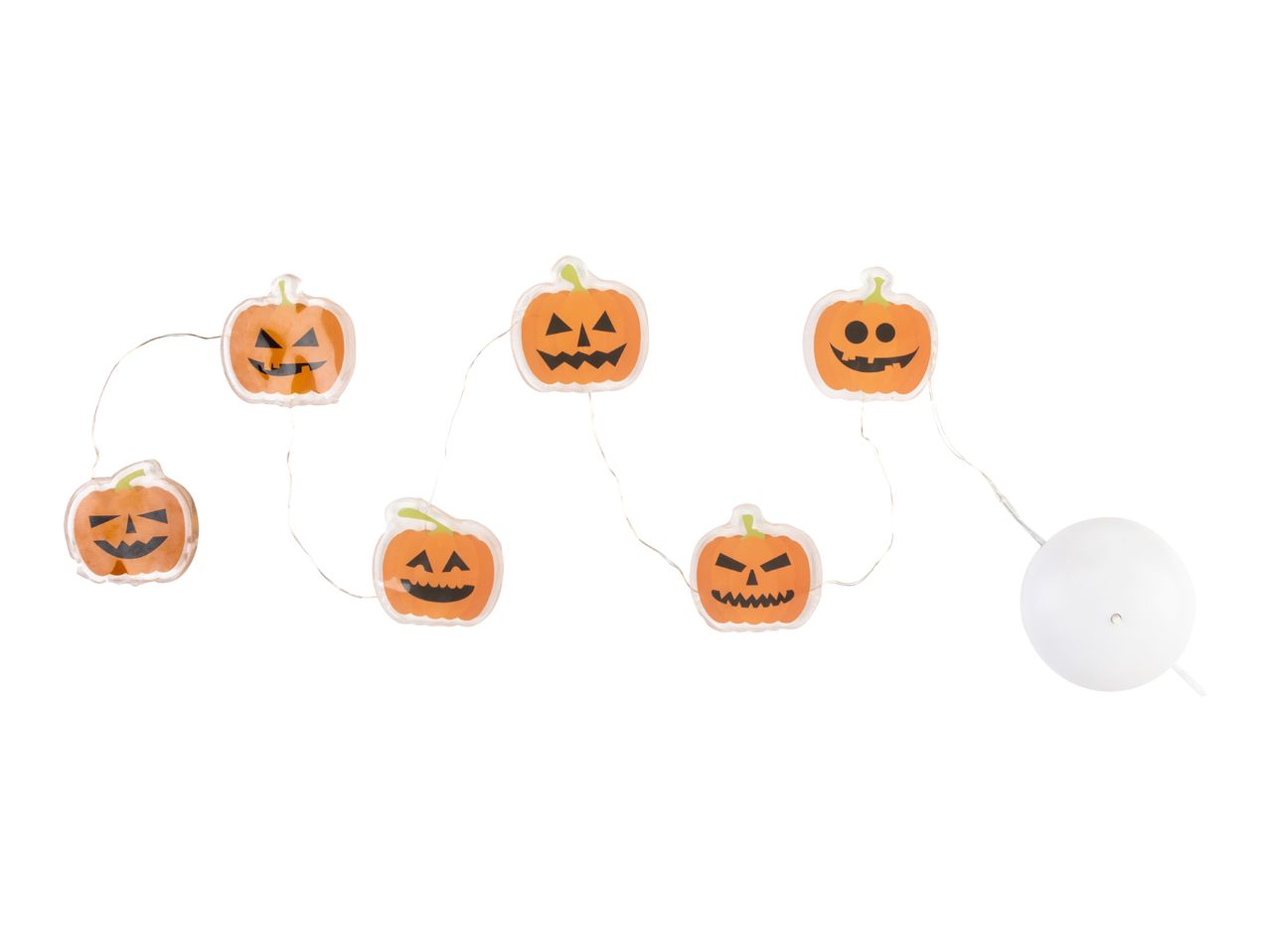 Halloween pumpkin string lights with various jack-o'-lantern faces