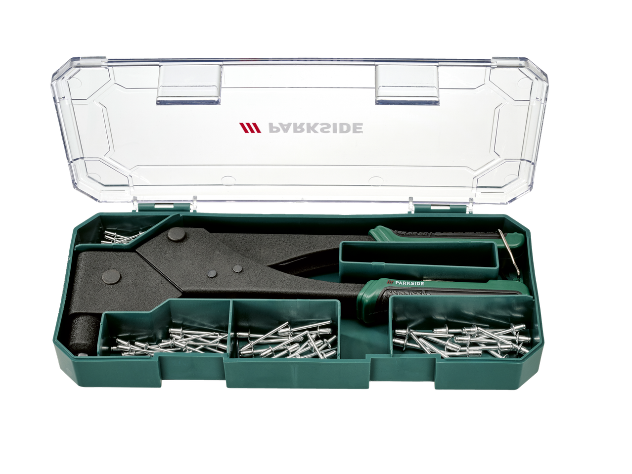 PARKSIDE® aklās kniedēšanas knaibles komplekts ar kniedēm atvērtā zaļā futrālī