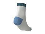 White sock with a teal cuff and toe, and a light blue heel, on a white background.