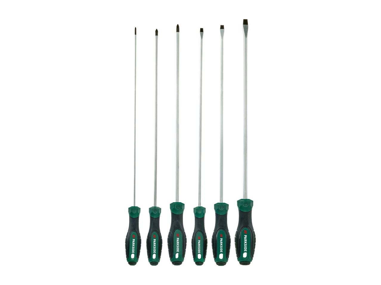 Set of six screwdrivers with green and black handles, including Phillips and flathead types.