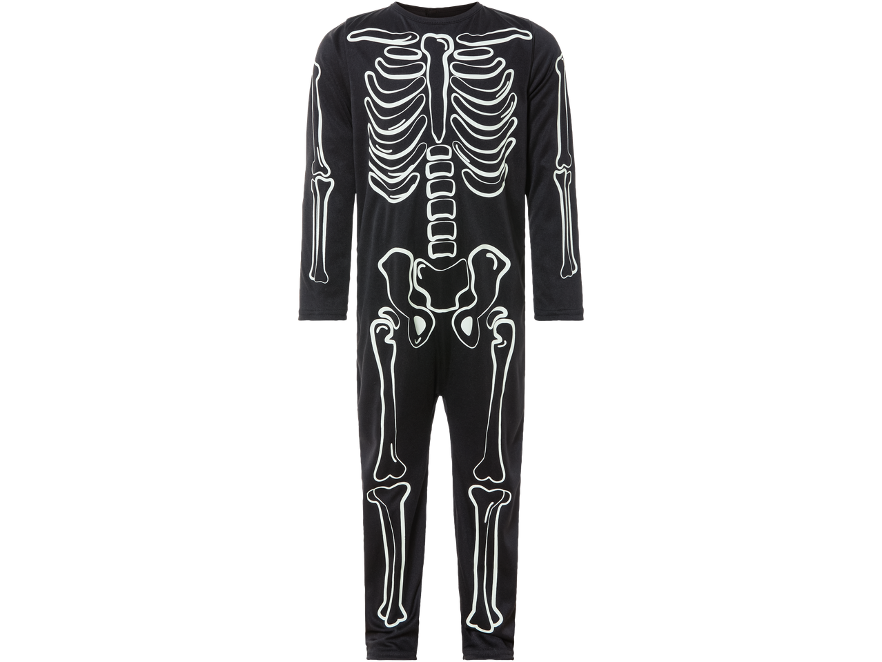 Black skeleton jumpsuit with white bone outlines for a Halloween costume