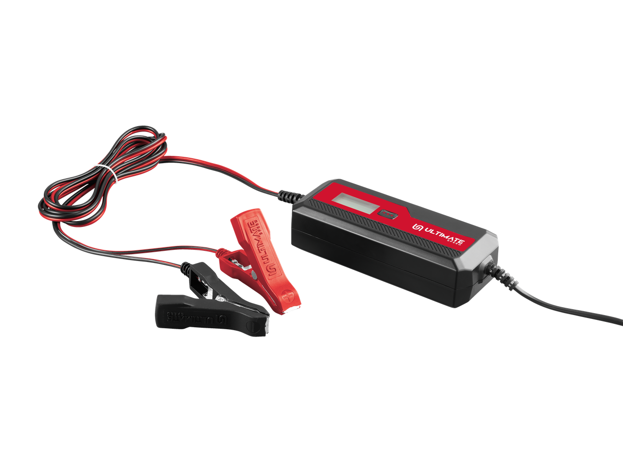 Punjač baterija Ultimate Speed sa crvenim i crnim štipaljkama i kablovima.