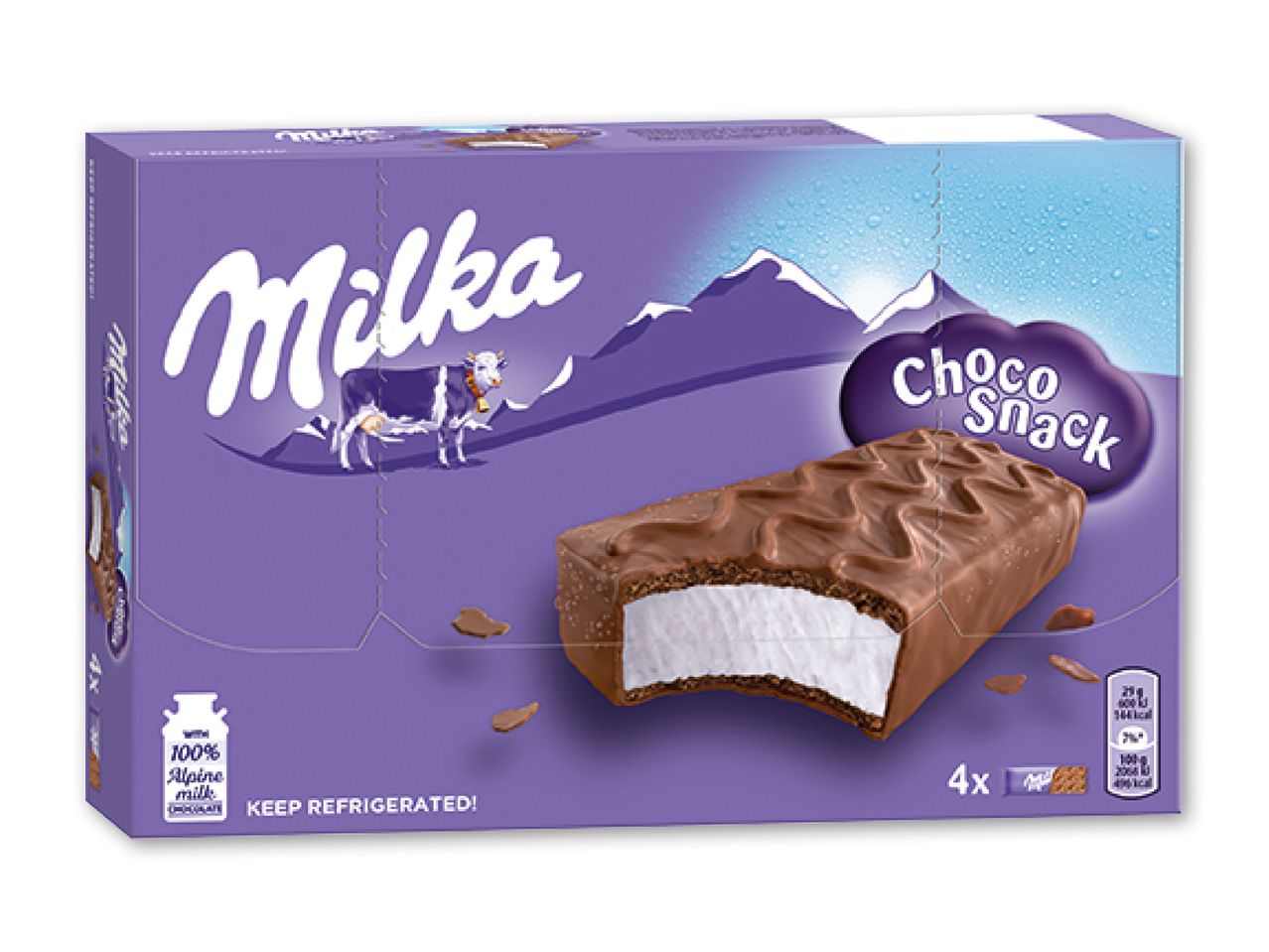 Milka Choco Snack-pakke med fire chokolade- og mælkesnacks.