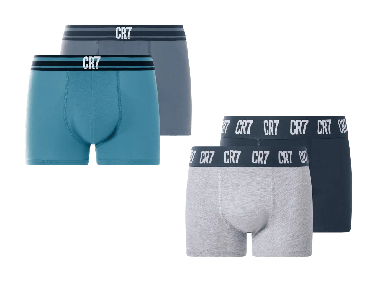 Quattro boxer in blu, grigio e blu scuro con scritta sull'elastico.