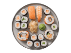 Valik sushit, sealhulgas nigiri lõhe ja krevettidega, maki rullid ja ingver.