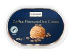 Coffee-flavored ice cream in a clear tub with a dark blue label, featuring a scoop of ice cream and coffee beans.