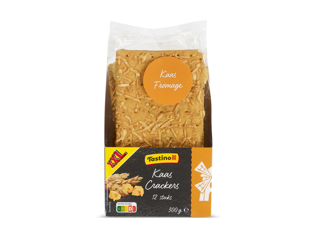 Verpakking met kaascrackers, met de tekst 'Kaas Fromage' op een oranje cirkel.