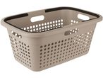 A beige plastic laundry basket with handles and ventilation holes.