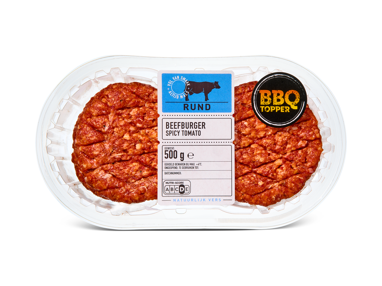 Verpakking met twee runderburgers met pittige tomatensmaak, 500g, Nutri-Score D.