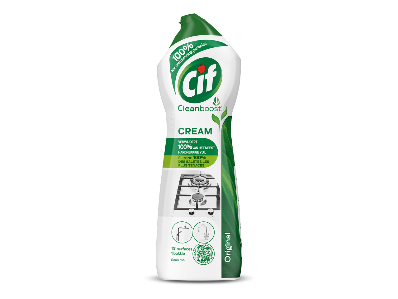 Fles schoonmaakcrème met 100% natuurlijke reinigingsdeeltjes, verwijdert 100% van het meest hardnekkige vuil.