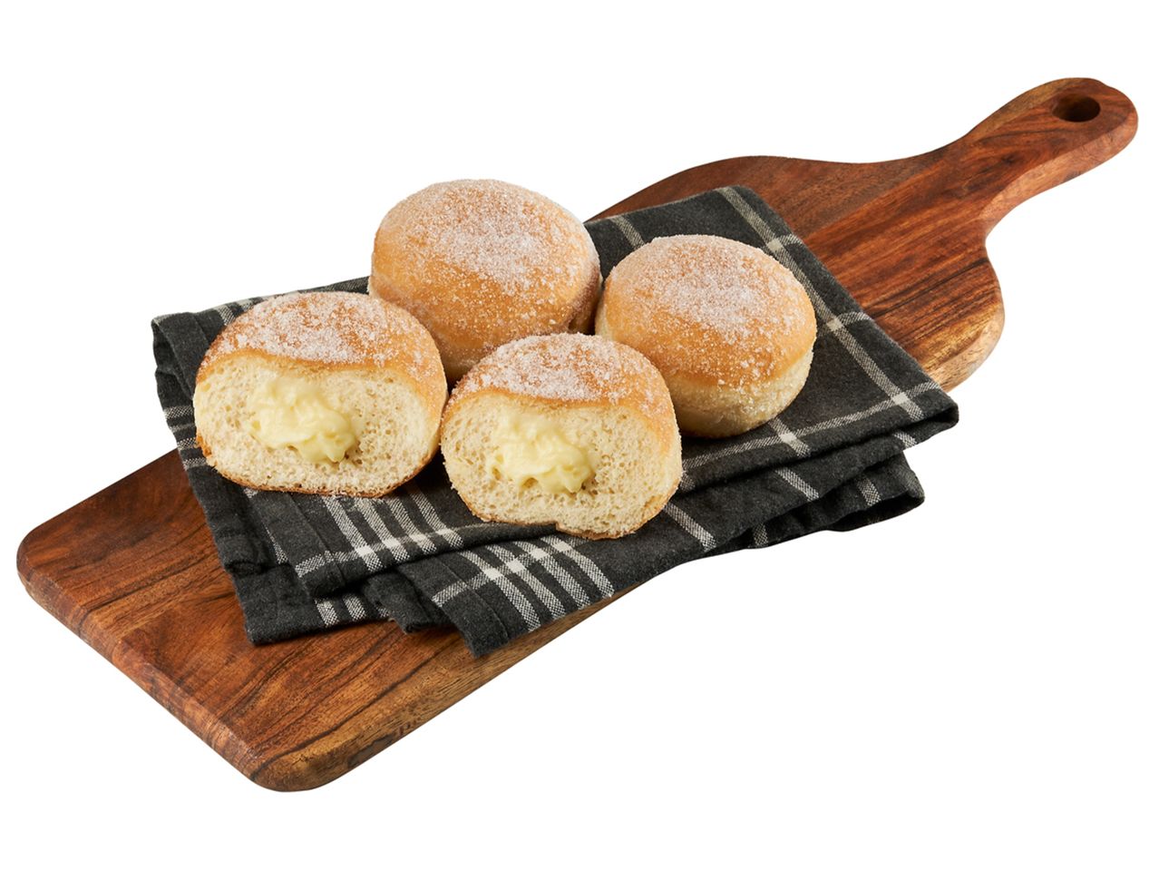 Fyllda Berlinare på en träbricka.