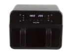 Salter dual air fryer with digital display showing 18:00 and 200, and various cooking modes.