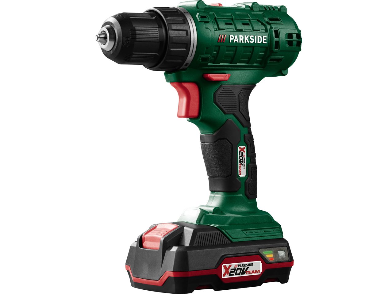 Trapano avvitatore a batteria verde e nero con impugnatura rossa e batteria rimovibile.