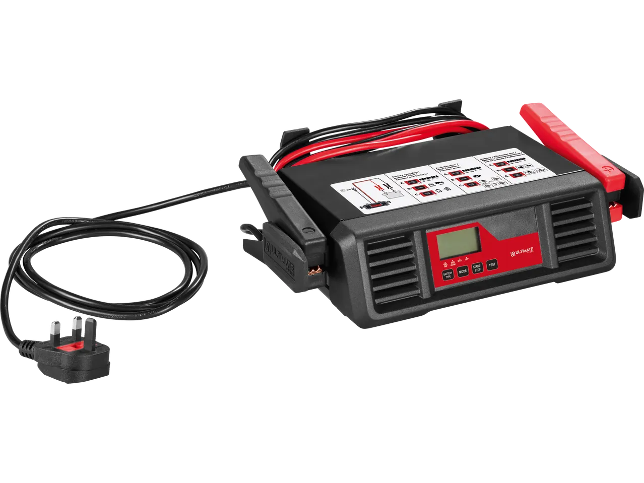 ULTIMATE SPEED® Car Battery Charger with display, cables, and UK plug.