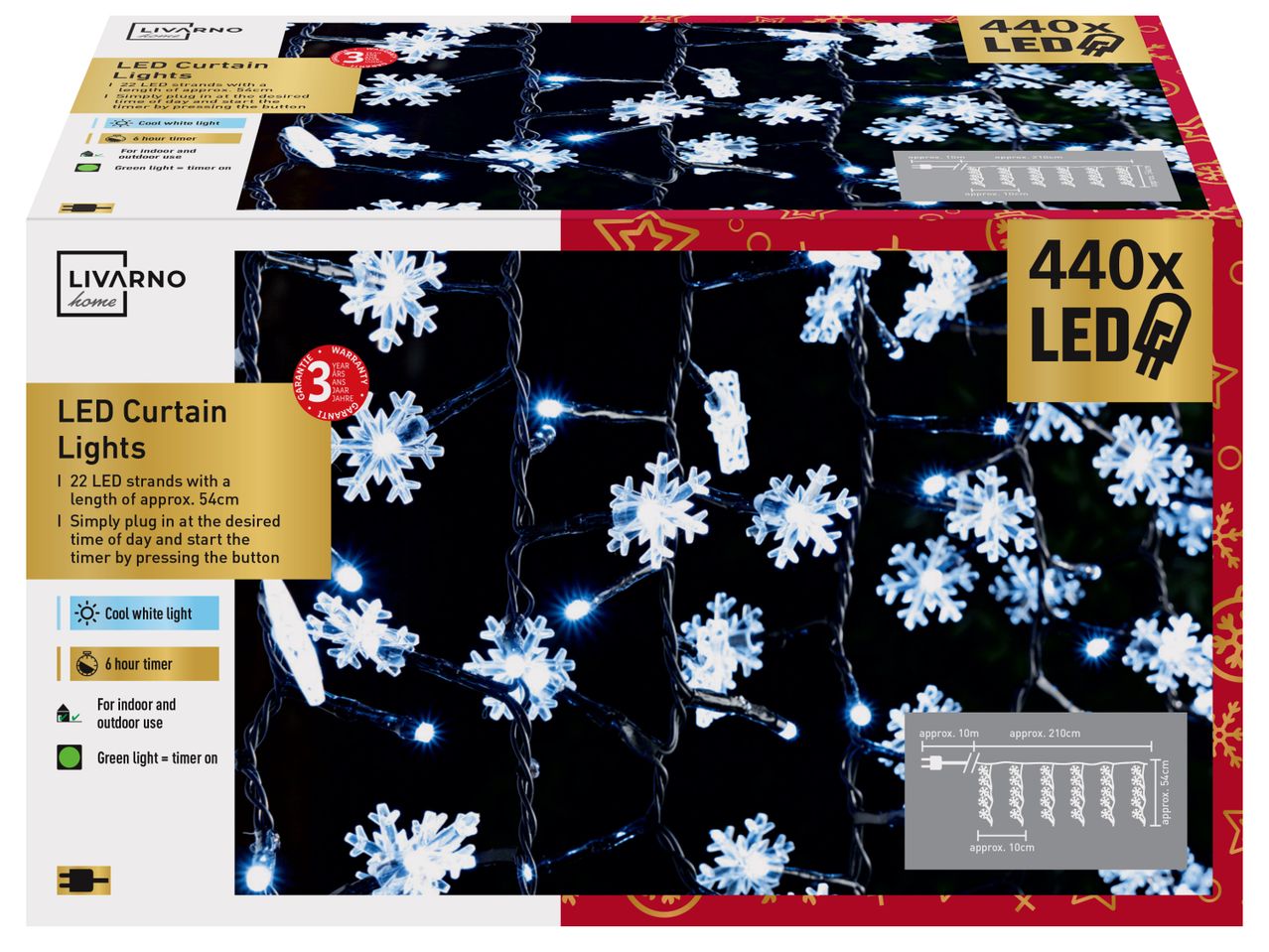 LIVARNO home LED завеса от светлини със снежинки, 440 LED, студено бяла светлина, 6-часов таймер.
