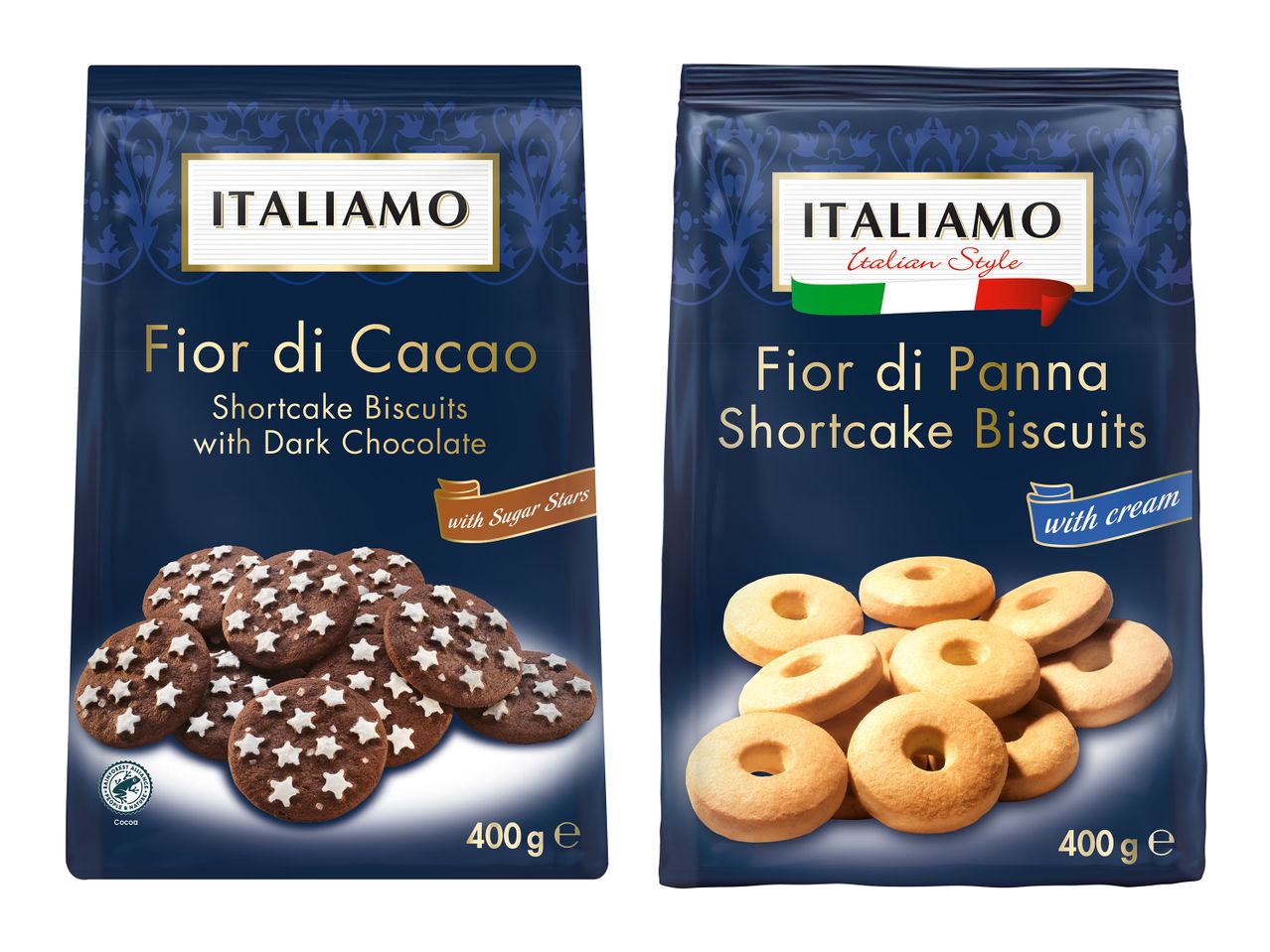 Biscuiți Italimo: Flor di Cacao (ciocolată neagră) și Flor di Panna (șorț de unt)