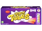 Milbona Yogurt Tubes: A box of nine kids' yogurt tubes in red berries, peach, and strawberry flavors.