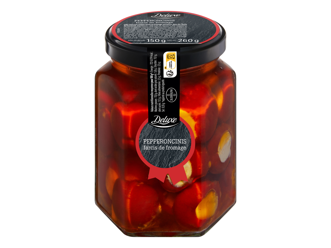 Bocal de pepperoncinis farcis au fromage, avec des informations nutritionnelles et de recyclage.