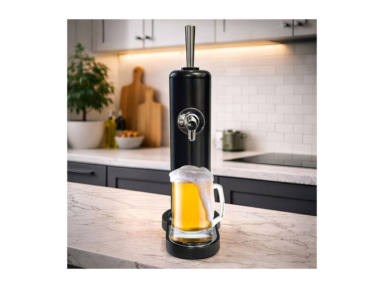 A beer dispenser pouring a foamy beer into a mug on a kitchen counter.