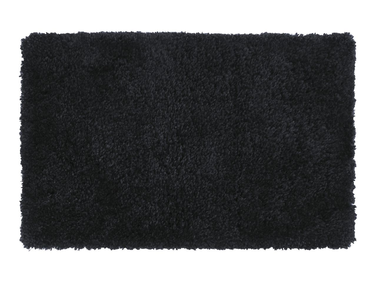 Rectangular black shag rug with a fluffy texture