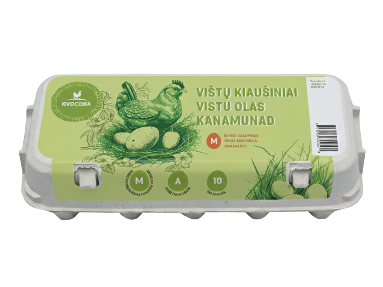 KVOCEIKA vistu olas M izmērs, 10 gab. iepakojumā ar vistu un olām uz zāles fona.