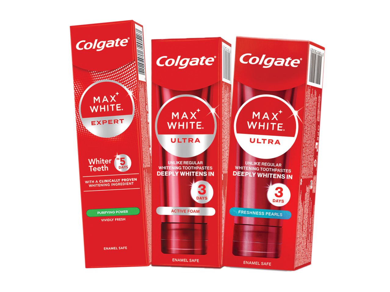 Trei cutii de pastă de dinți Colgate Max White, două Ultra și una Expert.