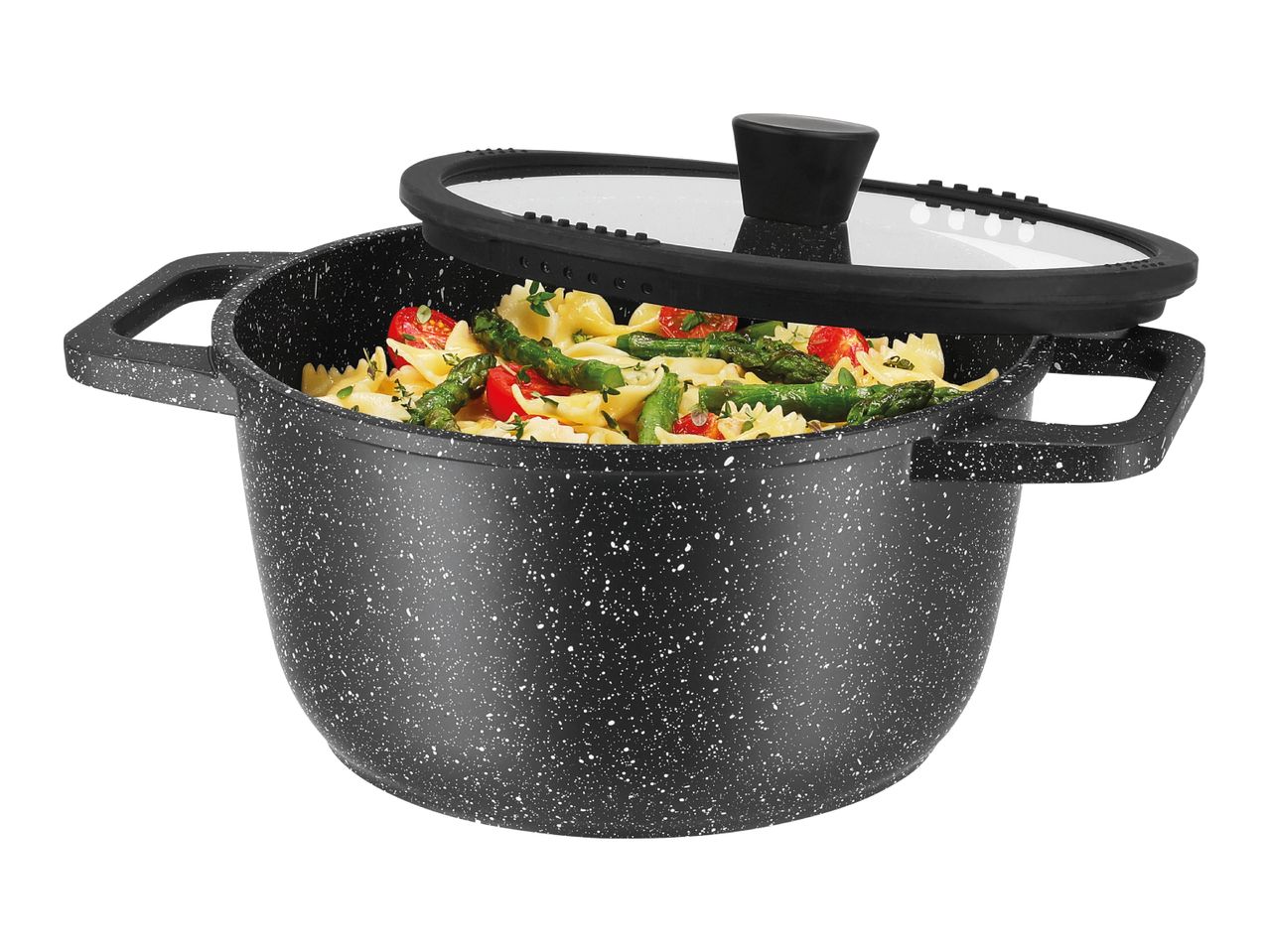 A black speckled stone-effect pot with a glass lid, containing pasta and vegetables.