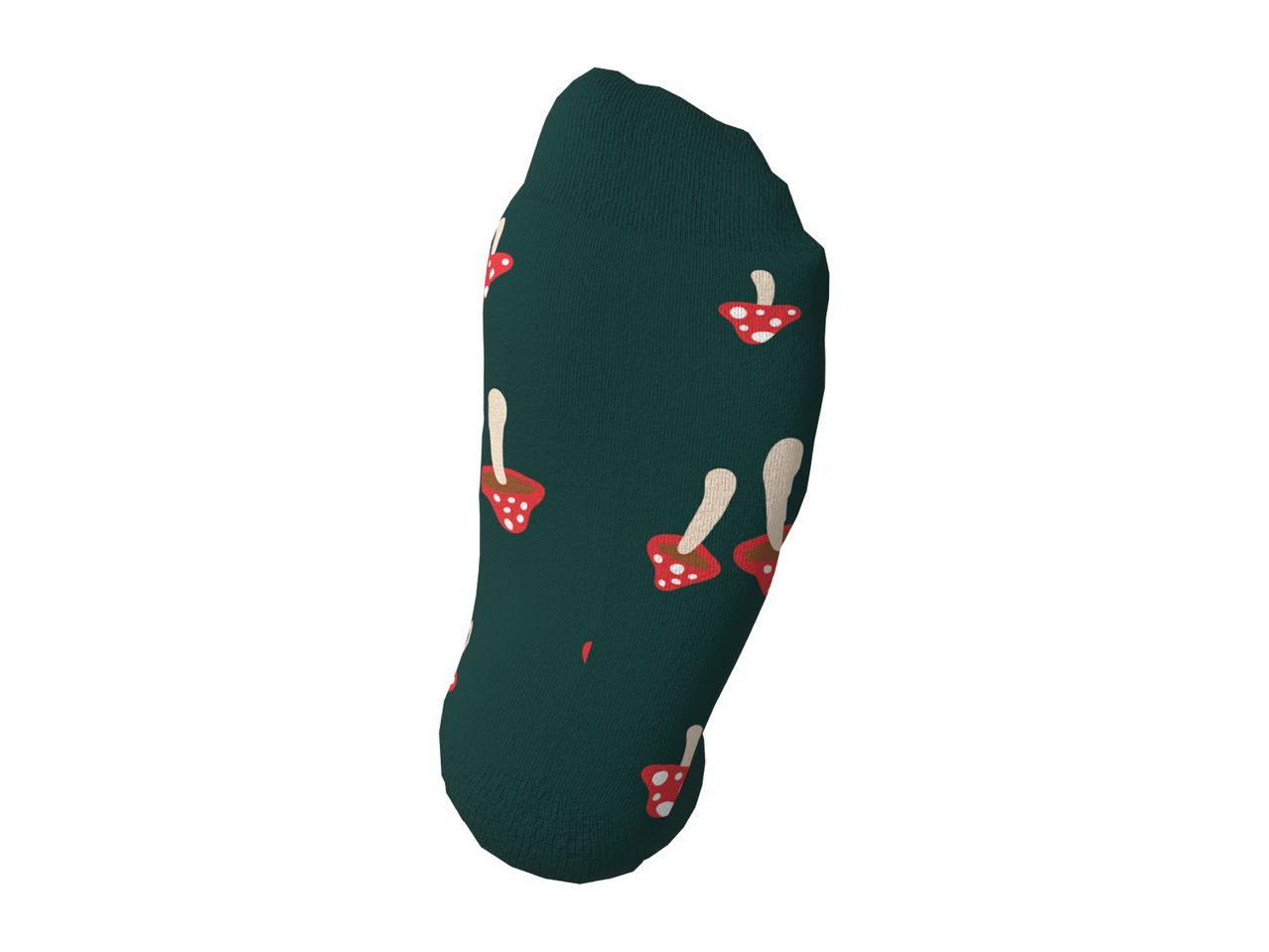 Dark green sock with a red and white mushroom pattern