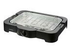 Black electric table grill with a metal grate and heating elements, featuring a temperature control dial.