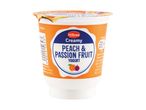 Creamy peach and passion fruit yogurt cup with nutritional information.