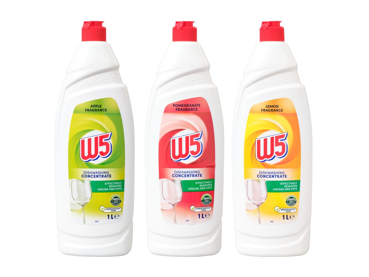 Trīs W5 trauku mazgāšanas līdzekļa pudeles ar ābolu, granātābolu un citronu smaržu.