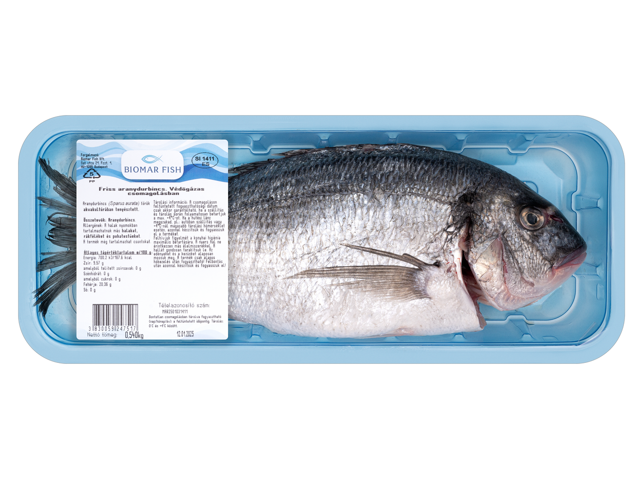 Biomar friss hal: aranydurbincs védőgázban.