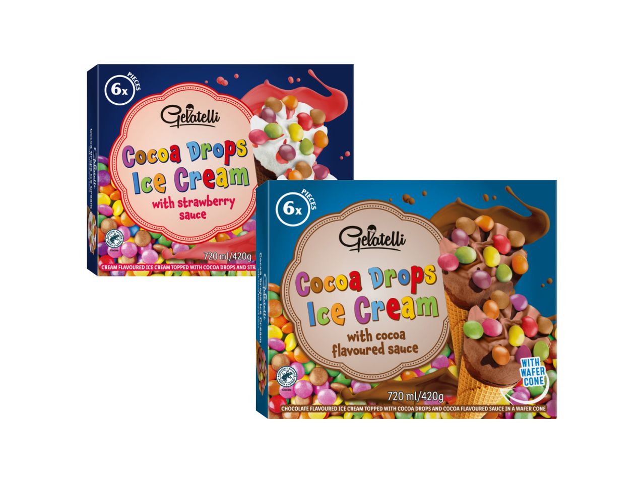 Dve kutije sladoleda Gelatelli Cocoa Drops, jedna sa sosom od jagode, druga sa sosom od kakaoa.
