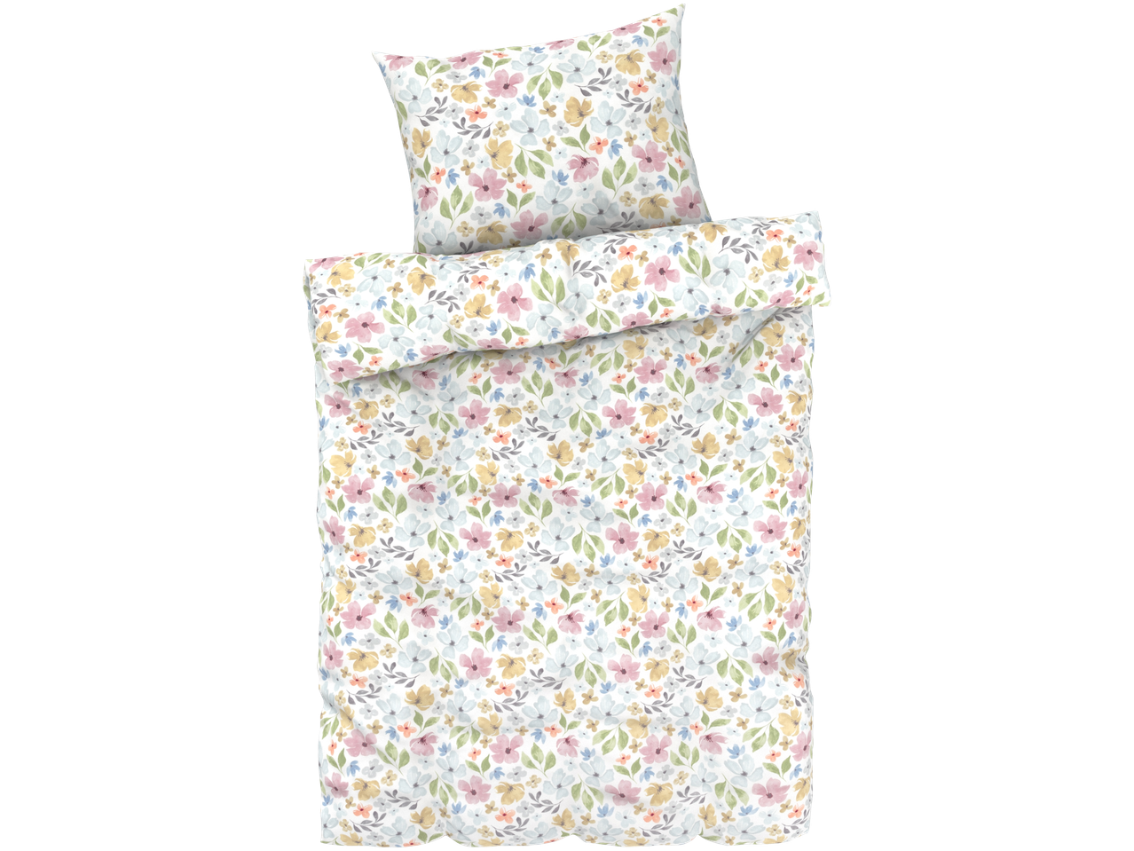 Gėlių rašto patalynė: antklodės užvalkalas ir pagalvės užvalkalas su pastelinėmis gėlėmis.