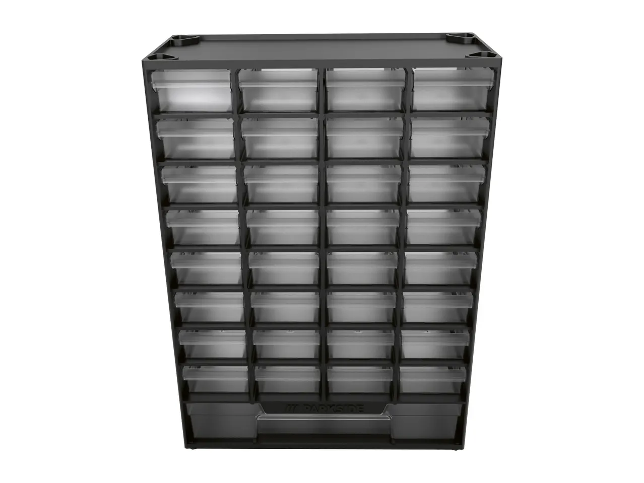 Small parts organiser with 33 transparent drawers, ideal for storage and sorting.